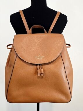 Kate Spade Brown Pebbled Leather Backpack Drawstring Flap Bag Travel Laptop